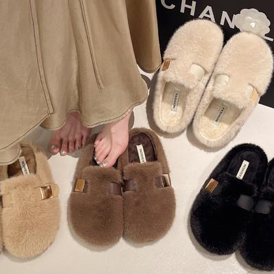 Mao Mao Slippers Women's Outer Wear 2025 New Autumn and Winter One-pedal Mink Plush Cotton Slippers Black