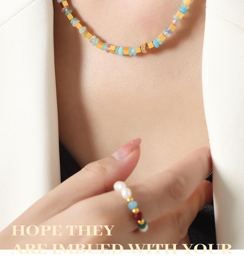 Bohemian Square Stone Beads Necklace, Handmade Women’s Titanium Steel Jewelry, Versatile Clavicle Chain for Girls