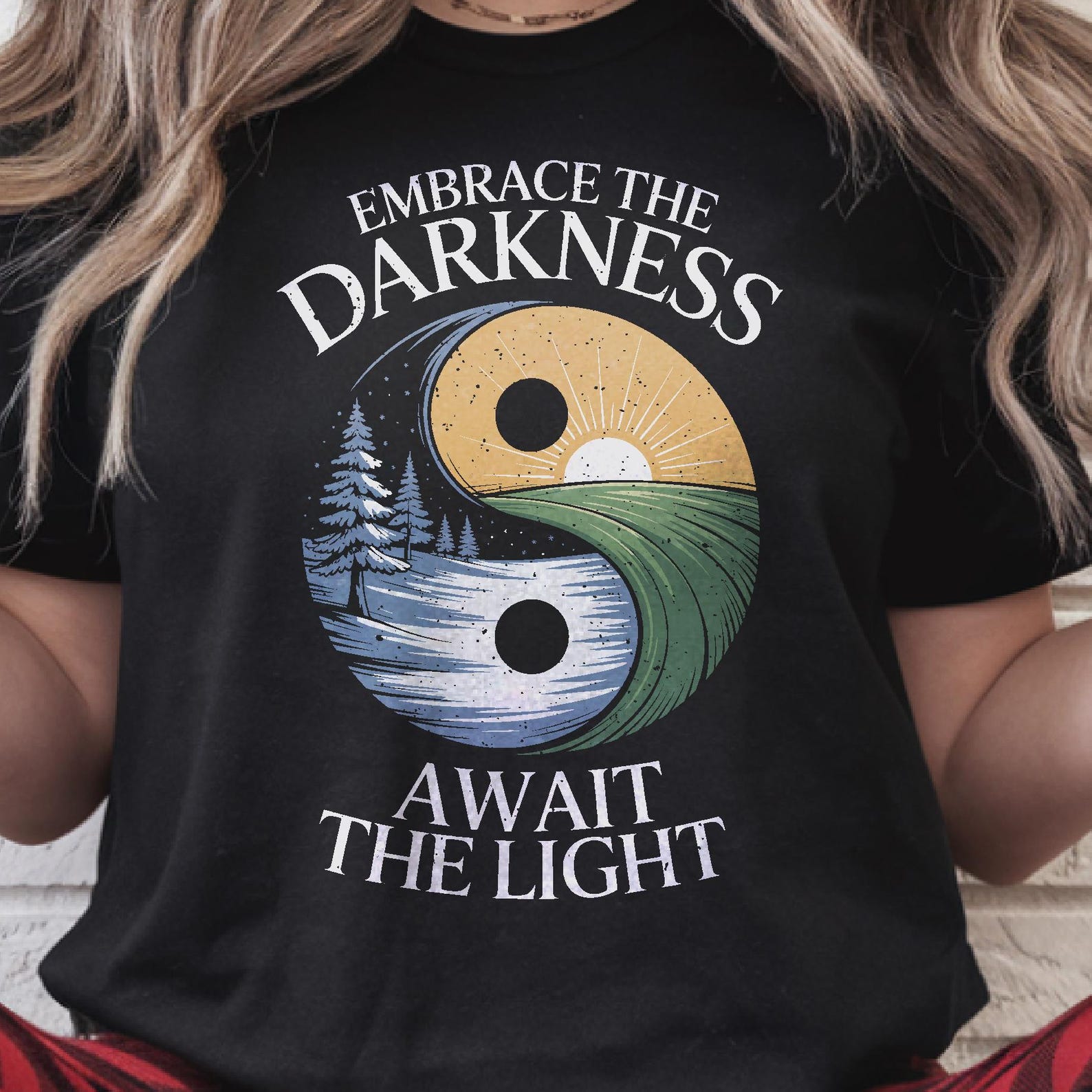 Embrace the Darkness Await the Light T-Shirt Winter Solstice Shirt Goth Yule Pagan Tee Nature Yin Yang Witchy Holiday Spiritual Gift S