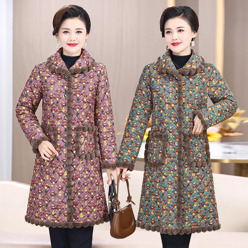 Velvet-Enhanced Floral Cotton Quilted Jacket for Middle-Aged & Elderly - Warm Mid-Length Coat for Autumn/Winter.