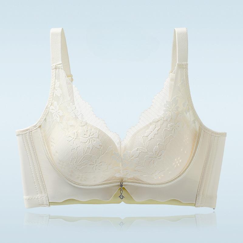 Breezy Light Luxury Lace Perforated Cup Bra, Lightweight Breathable Push Up Side Gathering Women Bra