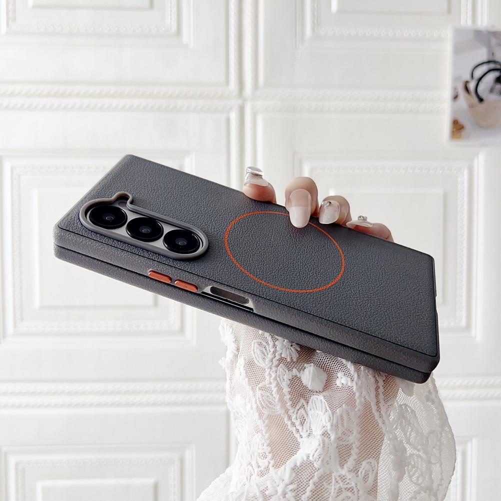 Pebbled Plain Leather Red Thin Circle Magnetic Case For Samsung Z Fold 7 fold7 Fold 6 Galaxy Z Fold 6 5 Camera protect Cover