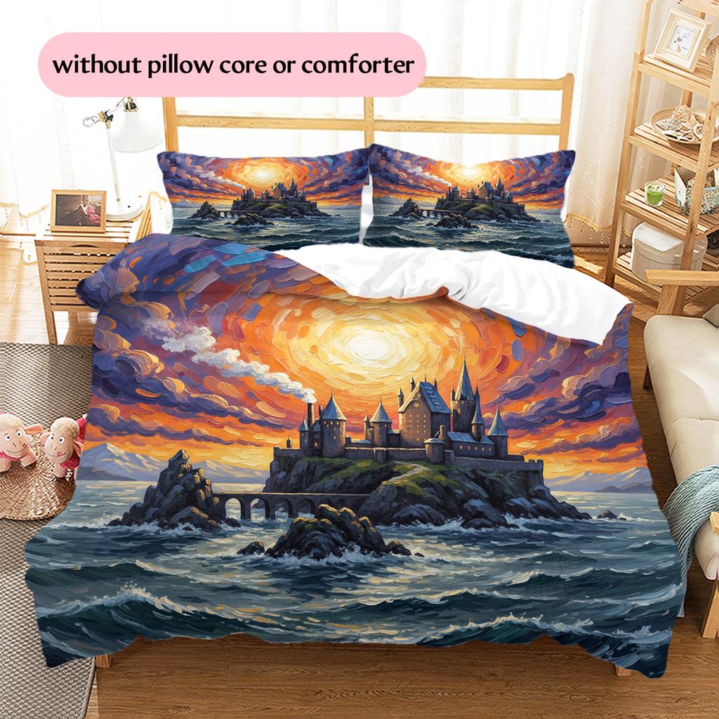 Oil Painting Style Castle Pattern Bedding Quilt Set Home Decoration Gift (1 * duvet cover + 2 * pillowcase without core)