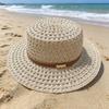 Woven Flat Top Hat Buckle Decorated Band Flat Brim Hat Versatile Straw Hat  Daily Matching