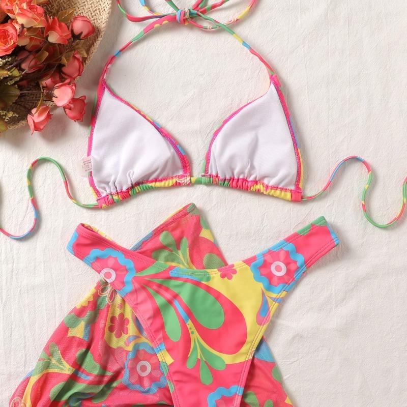 New floral triangle cup printed strap sexy bikini three-piece swimsuit