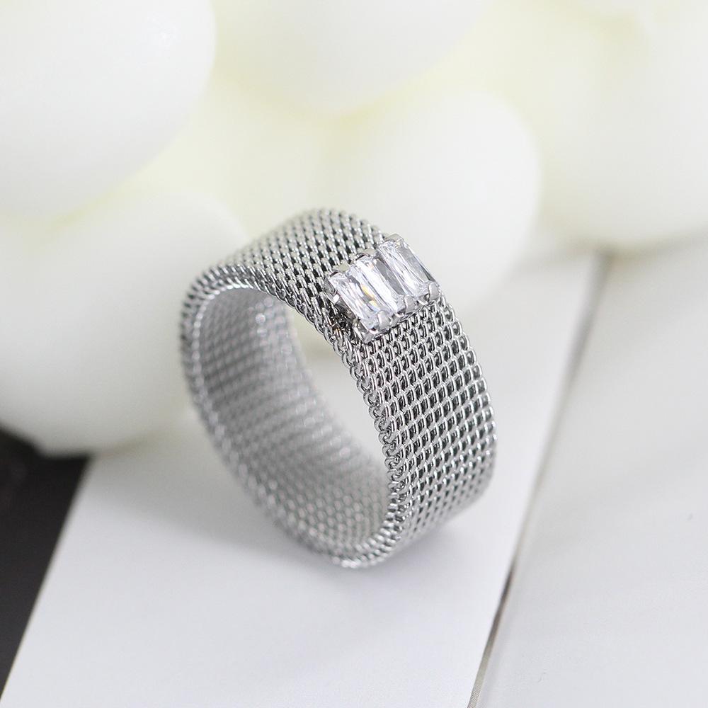 8MM Stainless Steel Grid Inlaid Rhinestone Adjustable Wide Band Ring for Women Size 6