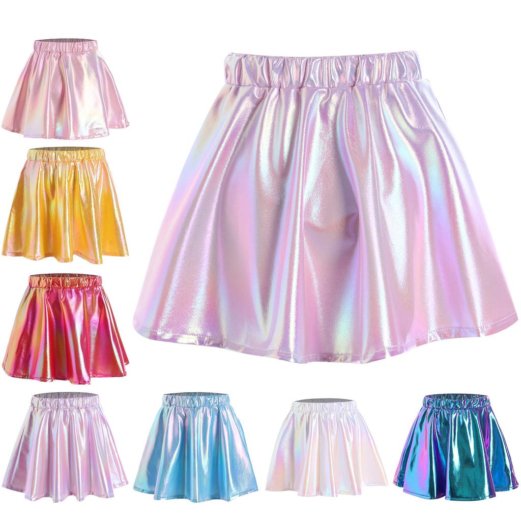 Girls Metallic Shiny Dance Skirt Elastic Waist A Line Miniskirt for Cheerleading Stage Performance