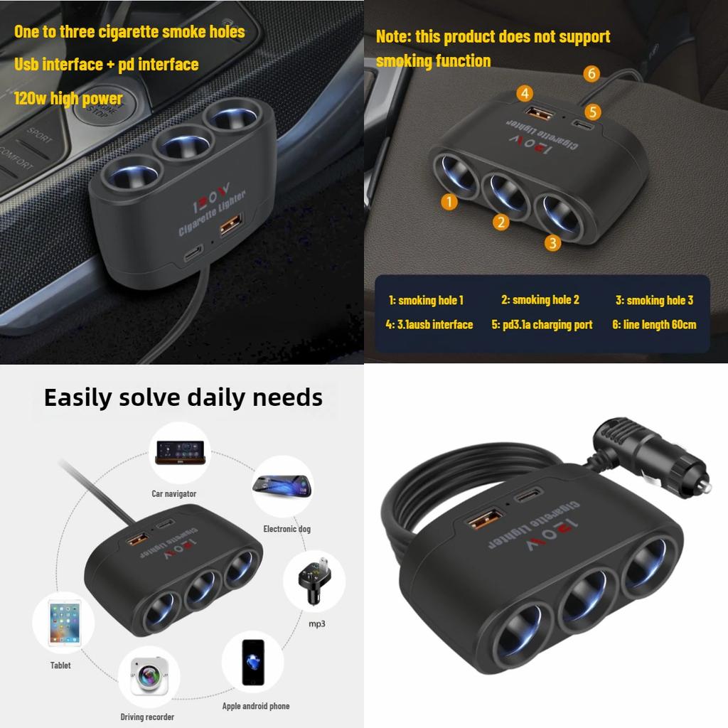 3-fach-Zigarettenanzünder-Splitter fürs Auto, Dual-USB, LED-Schnellladegerät, 120 W, 12 V, 24 V, Autoladegerät-Adapter für iPhone, GPS, Dashcam