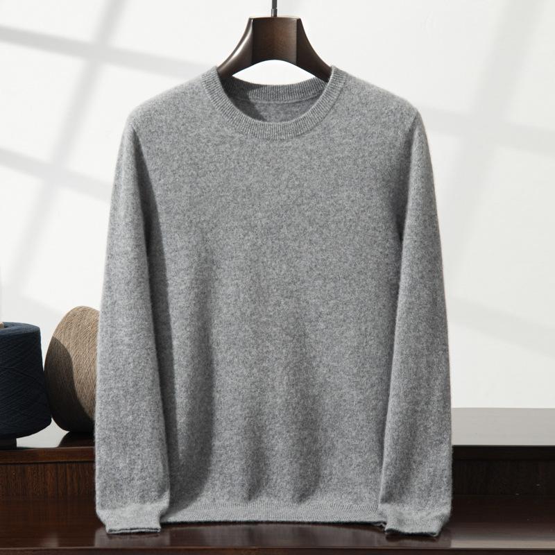 2025 new cashmere shirt men's round neck solid color pullover sweater with knitting inside