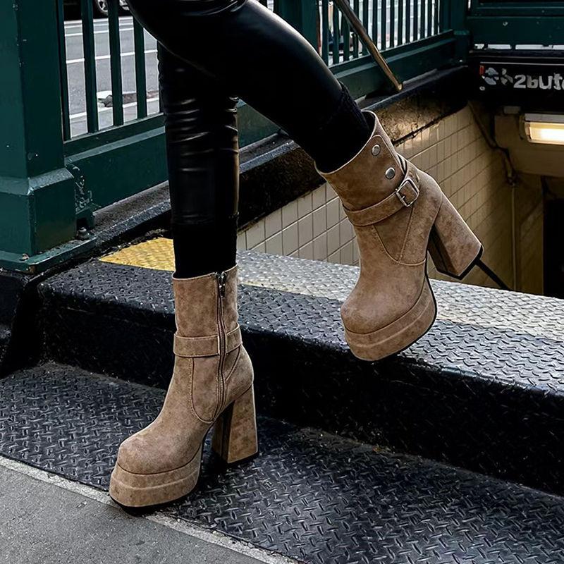 Niche Retro Style Thick Heel Thin Short Boots Women's New Autumn Versatile Height Increase Small High Heel Medium Boots