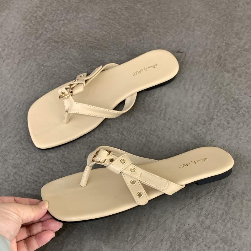 Fashion Summer New Studded Sandals Women's Outside Wear Vintage Square Toe Open Toe Clip Toe Soft Sole Non-slip Wear-resistant Flats