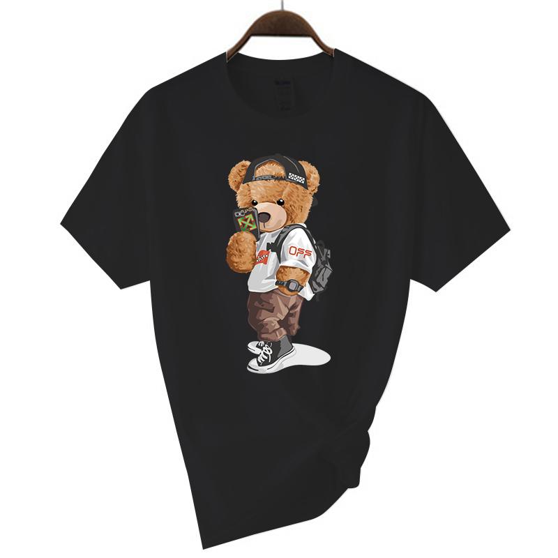 Luxury Brand Men's Short Sleeve T-shirts Summer Printed Black Funny Bear Harajuku Style Cotton Top Y2k Streetwear Casual Tee Men