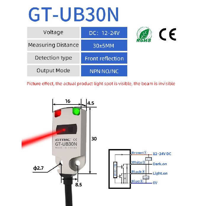 GTRIC Photoelectric Sensor Switch Mini Ultra-thin Diffuse Reflective IP67 Stainless Steel Corrosion Resistant 12-24V DC NPN PNP
