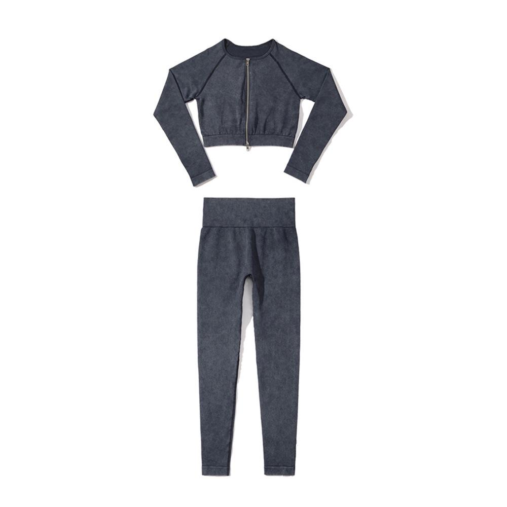 Auf Lager: Sandgewaschener Nahtloser Strick-Yoga-Anzug in Faux-Denim-Optik mit Doppelreißverschluss für Damen - Europäisches und Amerikanisches Langarm-Fitness-Set