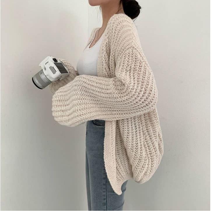 Korean Chic V-neck Loose Lantern Sleeve Cardigan Sweater