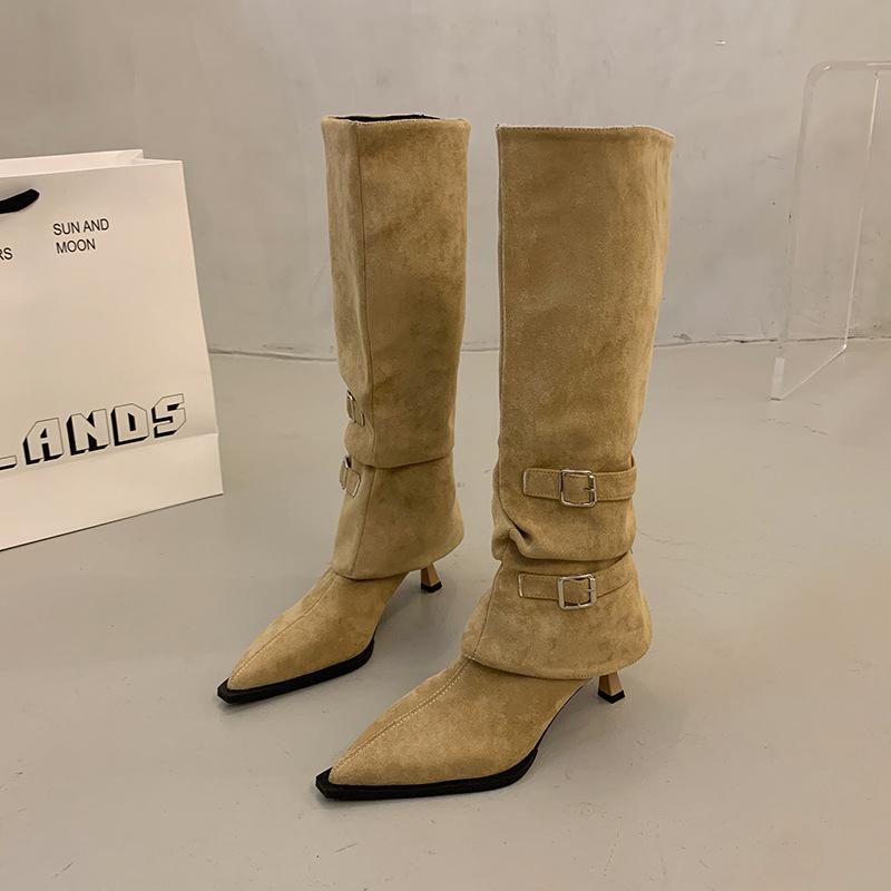 2025 New Two-wear Pointed-toed Thin-heeled High Boots Women's Suede Folds Piled Up But Knee Belt Buckle Boots