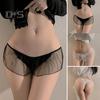 Women Thong Mesh Lace Bow Decor Spaghetti Strap Open Crotch Solid Color Low Waist Seductive Elastic Hot Lady G String Panties Underwear