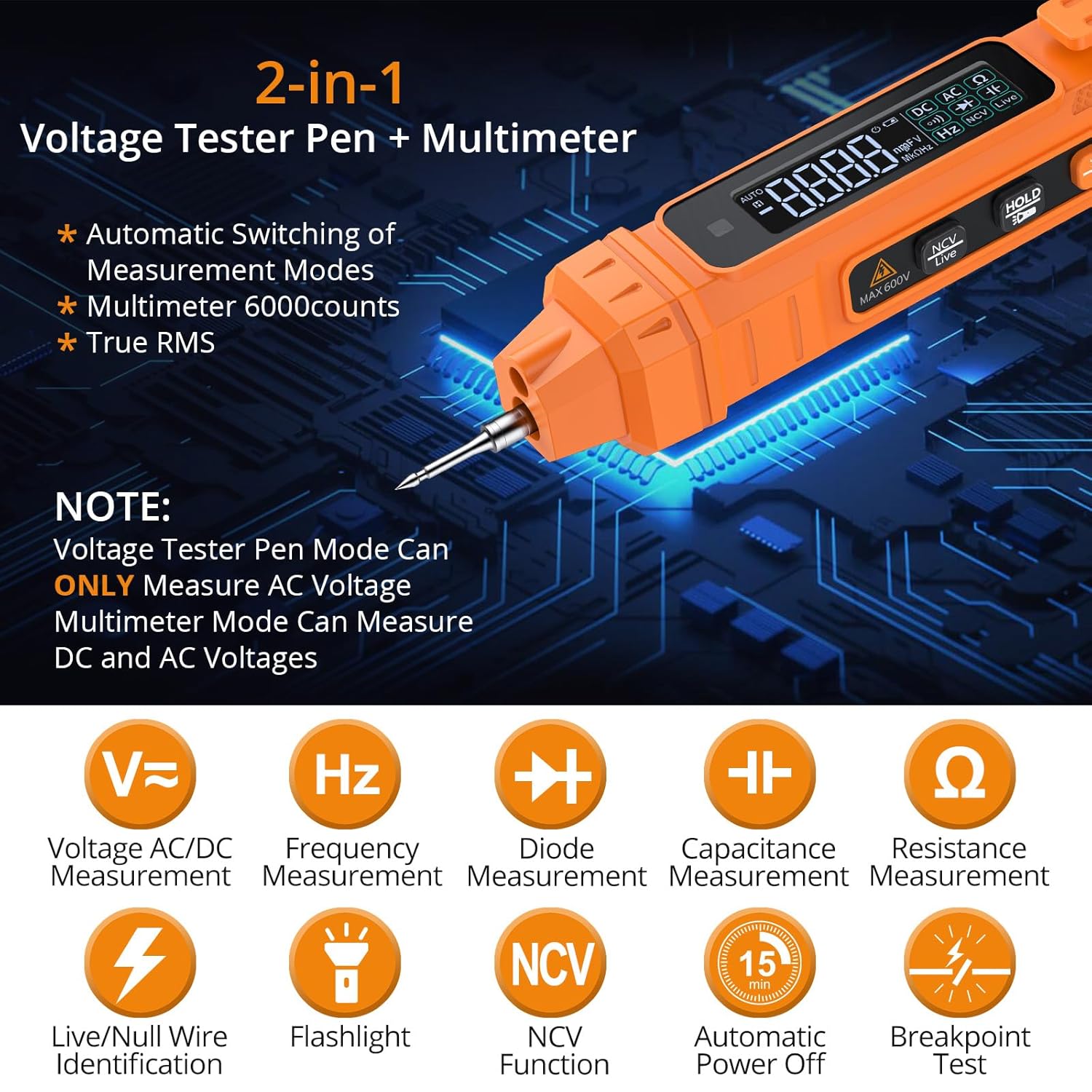 

2-in-1 Pen Multimeter & 2000 Counts Digital Multimeter, NCV, LCD, AC/DC Voltage, Current, Resistance, Continuity, Capacitance United States