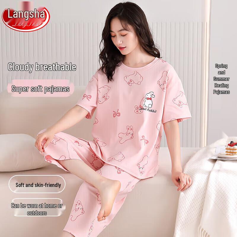 Langsha Women s Summer Short Sleeve Capri Pajama Set XXL