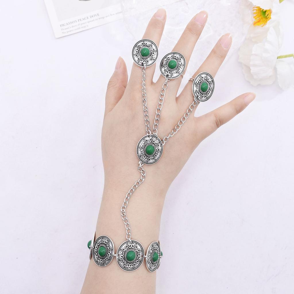 Vintage Silvery Long Chains Finger Pulling Bracelet Alloy Carving Flower Round Acrylic Gem Boho Ethnic Women's Bracelet Jewelry
