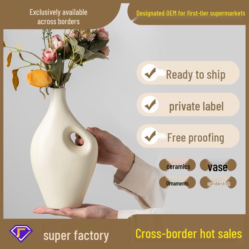Beige Minimalist Ceramic Vase for Modern Home Decor and Flower Arrangement