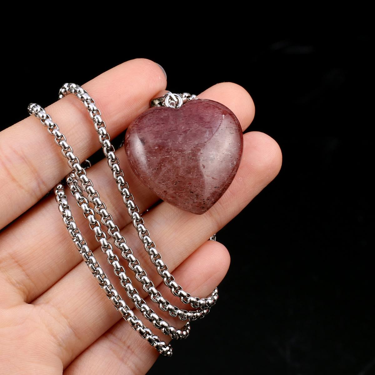 

1 шт. в партии, ожерелье из натурального камня, кулон в форме сердца, кристалл, аметист, агат, опал, цепочка из нержавеющей стали, ожерелья для женщин, ювелирные изделия 30x30x10 мм 1Pcs/Strawberry Quartz
