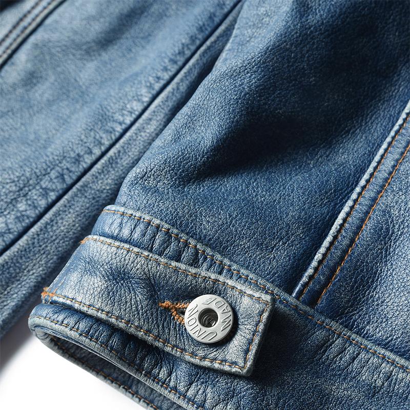 Çince Beden Vintage Mavi 507 Rahat Hakiki Deri Ceket Erkek Gerçek İnek Derisi İnce Bomber Ceket Erkek Deri Ceket Sonbahar Erkek Giysileri