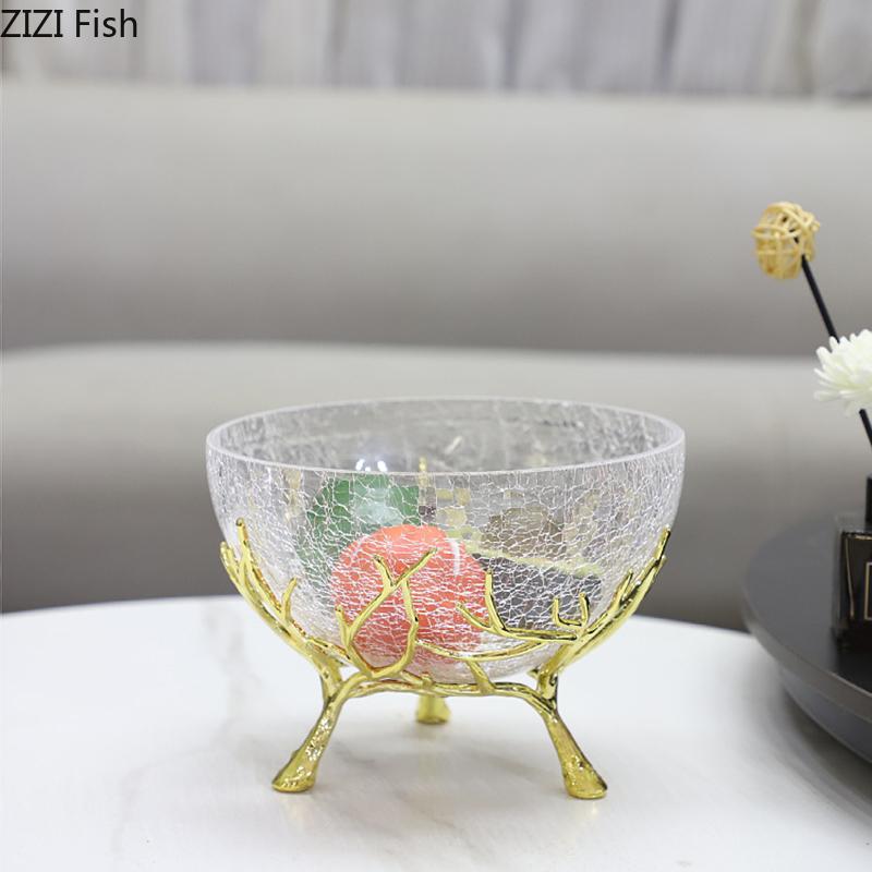 Ice Cracked Texture Fruits Bowl Golden Branches Bracket Glass Storage Tray Snacks and Nuts Bowl Home Kitchen Dessert Cutlery