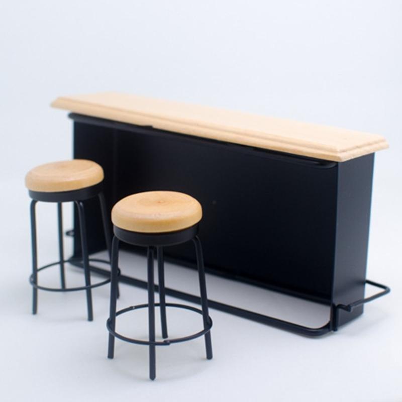 3Pieces Doll House Furniture Bar Counter with 2 Bar Stools and Bar Table for Craft Project Bar Scene Display Accessory