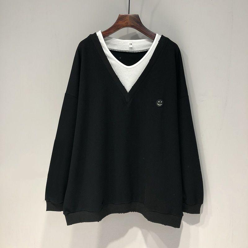 Women's Sweatshirt Spring Autumn New Thin Fake Two-piece V-neck Long-sleeved Top