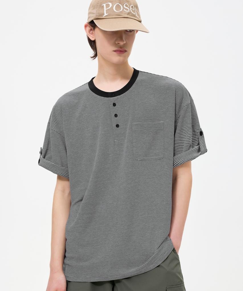 TRILLION Roll-Up One-Pocket Henley Neck Short Sleeve T-Shirt_4Color