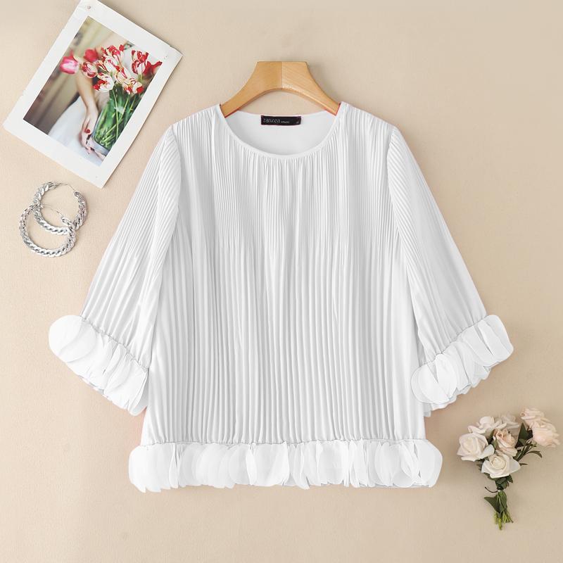 

ZANZEA Женская повседневная блузка с круглым вырезом, рукавами 3/4, свободного кроя, плиссированная 5XL белый