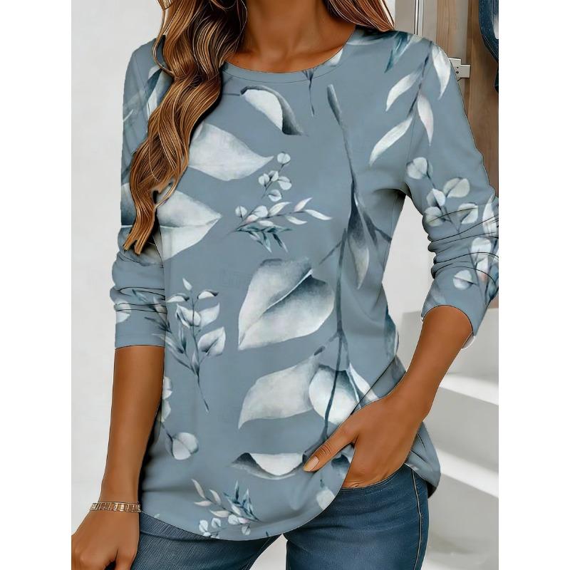 Women's Colorful Floral and Butterfly Print Long-sleeved Loose-fitting Round Neck Top, Casual Everyday Style