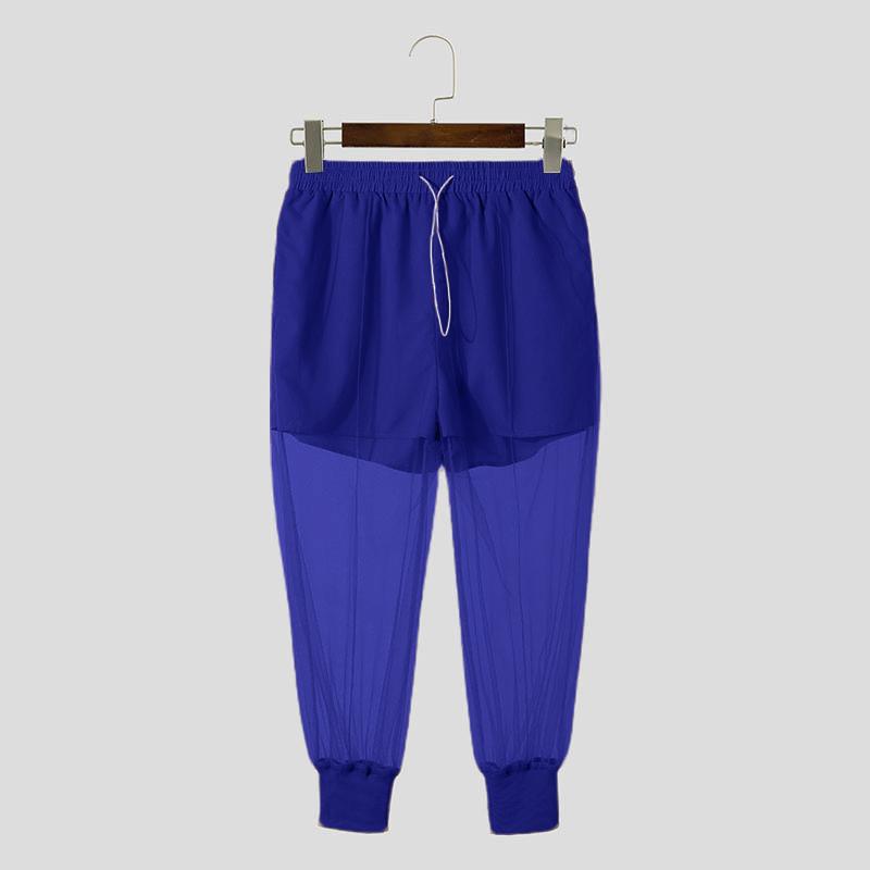

INCERUN Men Drawstring Elastic Waist Long Patchwork Mesh Harem Pants 2XL