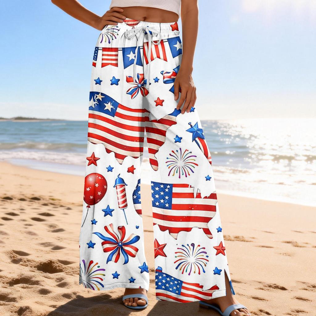 Women Summer Boho Palazzo Pants High Waist Wide Leg Printing Casual Trousers With Pockets