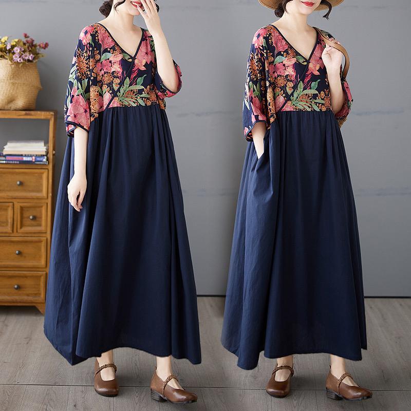 Dimanaf 2025 Talla Grande Verano Mujeres Vestido Básico Estampado Floral Vintage Casual Suelto Empalmado Vestido Largo