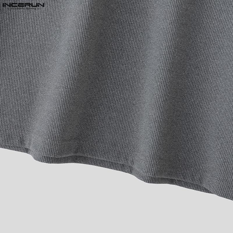 INCERUN S-5XL Men Long Sleeve Ribbed Fitted Pullover Tops Autumn Spring Undershirts