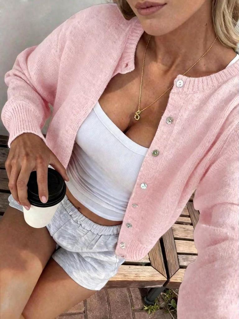 Women's European and American Style Single Row Shell Button Sweater Jacket 2026 New Loose Soft Round-neck Knit Cardigan