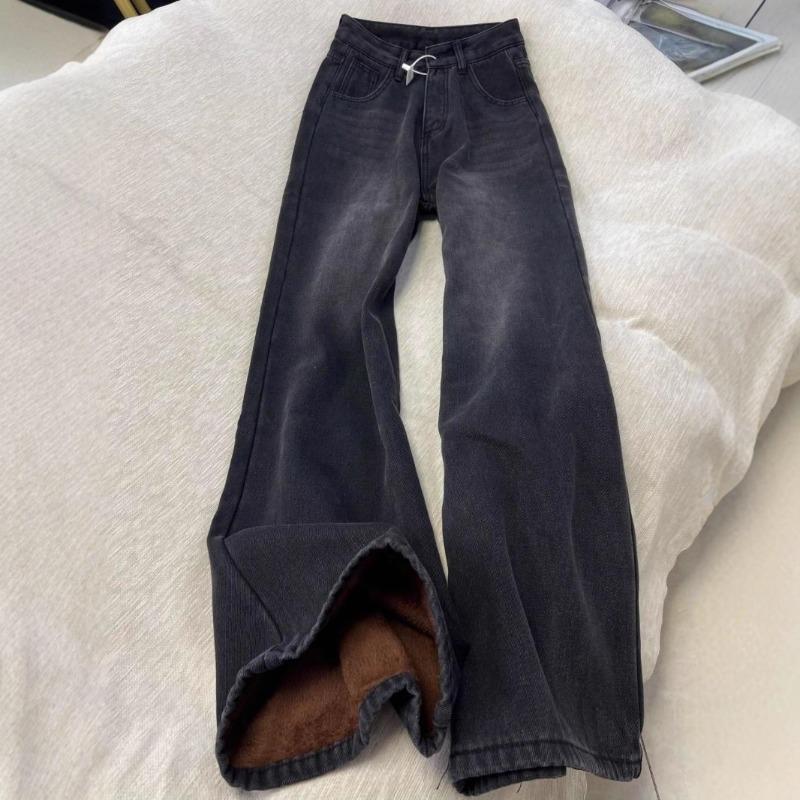 Winter New High-waisted Retro Black-gray Velvet Warm Loose Straight Jeans Women