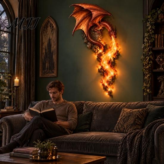 Led Night Light Dragonfire Guardian Wall Sconce, Gothic Fantasy Dragon Head Lamp, Vintage Resin Sculpture with Flame for Medieval Home Bar Decor