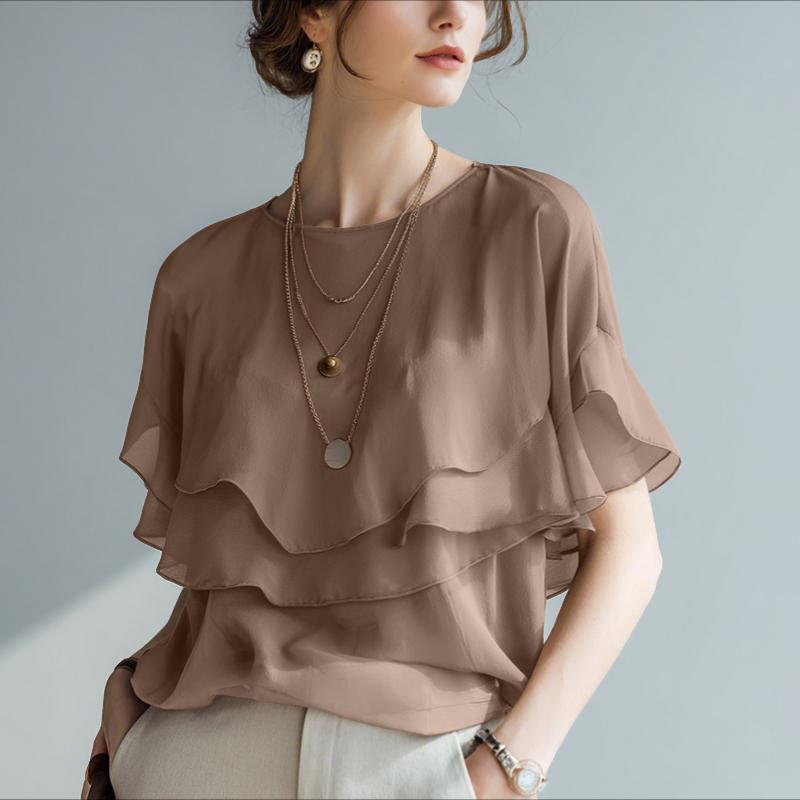 ZANZEA Women Casual Round Neck Loose Ruffles Short Sleeve Blouse