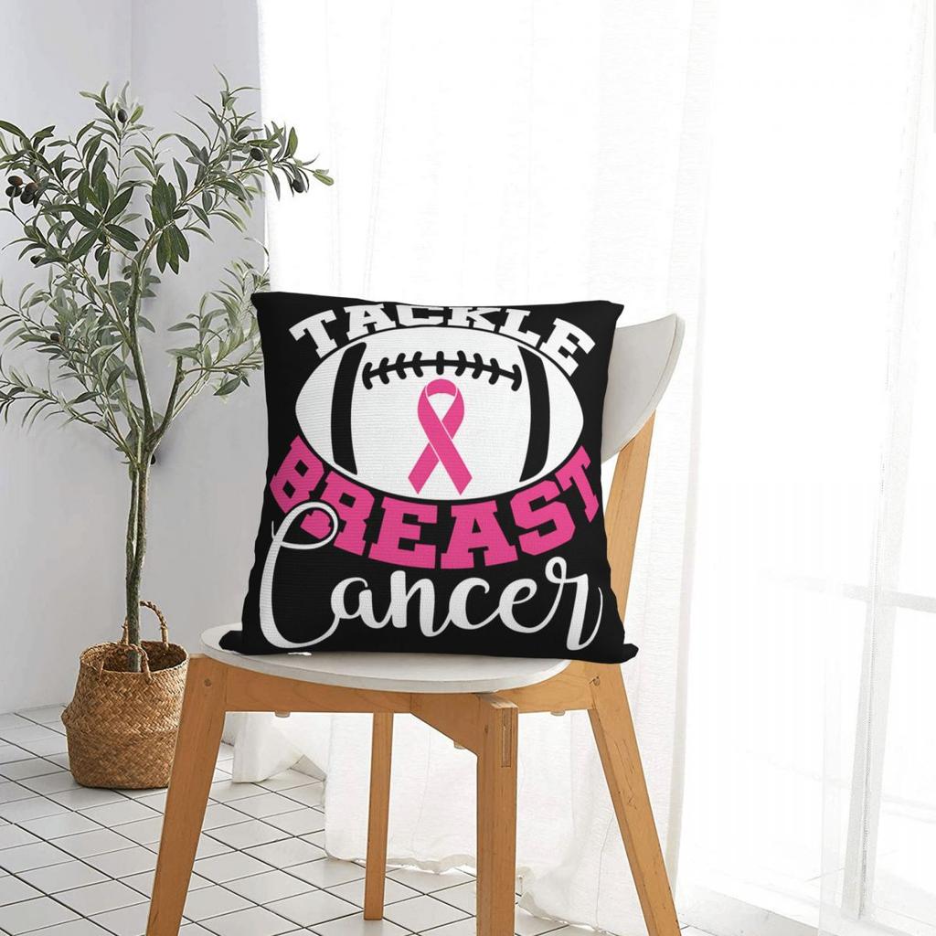 Tackle Breast Cancer Football Sport Awareness Support Pink Ribbon Square Pillow Case Cushion Covers Decor Pillowcase for Home