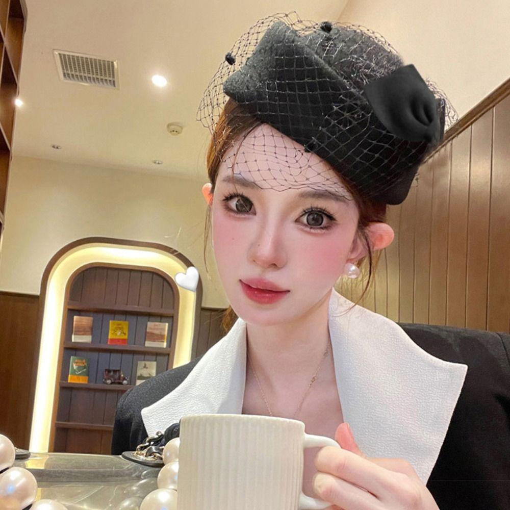 British Style Pillbox Hat Cashmere Stewardess Cap Vintage Wool Bow Hat with Veil  Wedding