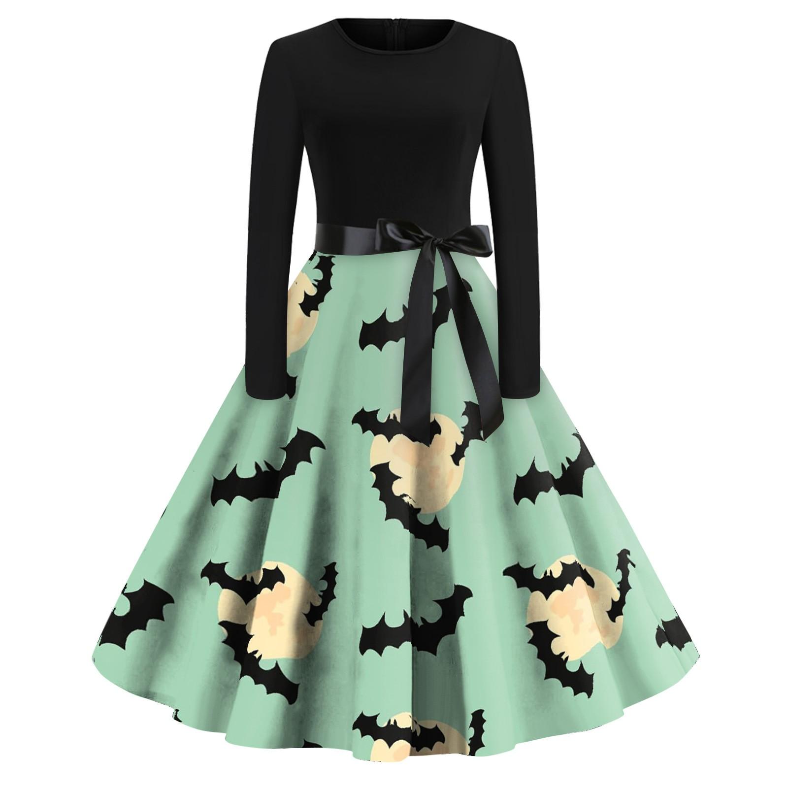 

Платье с расклешенным принтом на Хэллоуин для женщин, платье с длинным рукавом, полые вечерние повседневные платья L