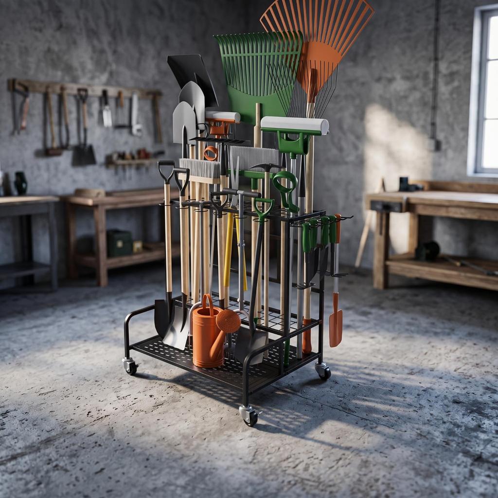 Garden Tool Organizer with Wheels Freestanding Holder Hangers Mobile