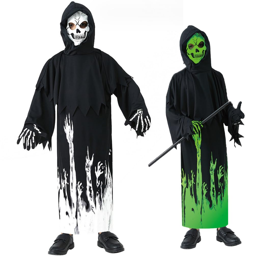 Grim Reaper Fluorescent Halloween Grim Reaper Horror School Performance Cultural Club Party Type [Icyrain] Cosplay, Effect, Kids, Costume, Skeleton,