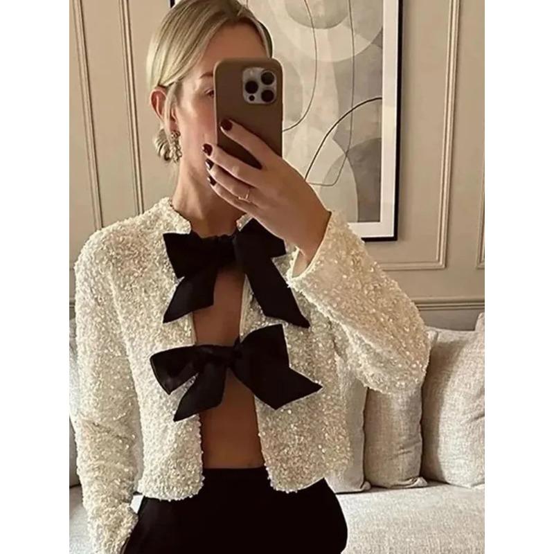 Fashion Sequin Bow Lace Up Women Jacket Elegant O-neck Long Sleeve Slim Short Coats Autumn Female Chic Party Street Outwear