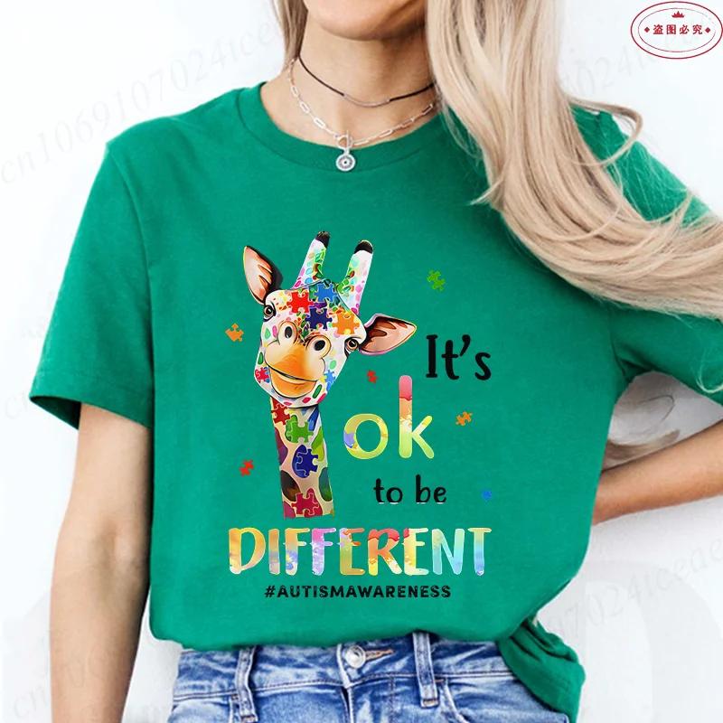 Je v pořádku být jiný Tričko s žirafou pro ženy Povědomí o autismu Akceptace Letní trička s krátkým rukávem Grafické Y2k topy