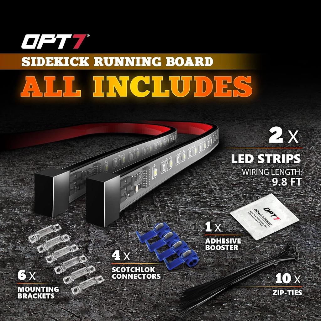 OPT7 Sidekick 78" Running Board Lights 2PCS LED Strips w/Sequential Amber Turn Signal, DRL, White Courtesy Light for Extended Crew Cab Trucks Pickup