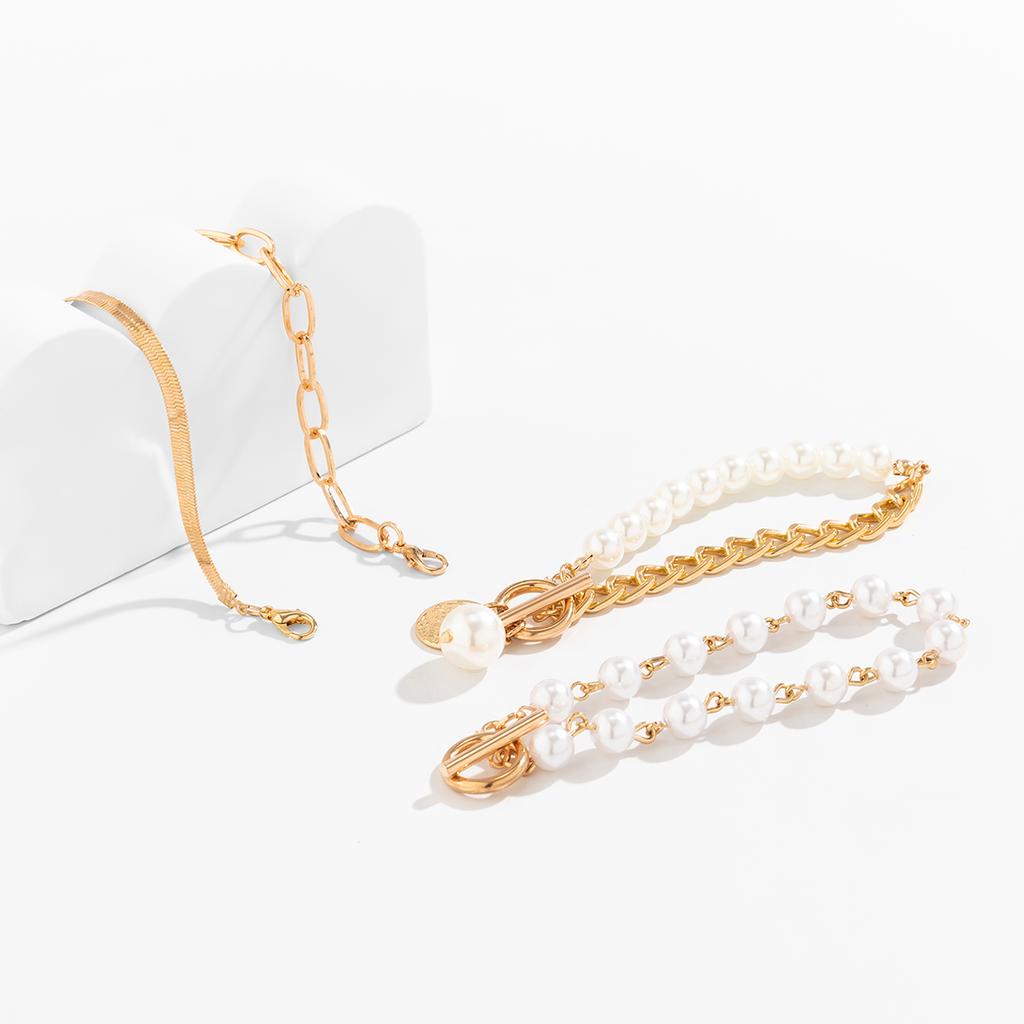 Ingemark Boho Imitation Pearl Chain Coin Pendant Bracelets Set for Women on Hand Vintage Snake Link Bangles Couple Wrist Jewelry